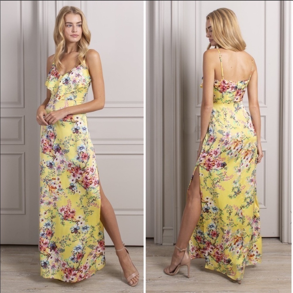 Senlis Madison Ruffle V Neck Yellow Floral Slip Maxi Dress S